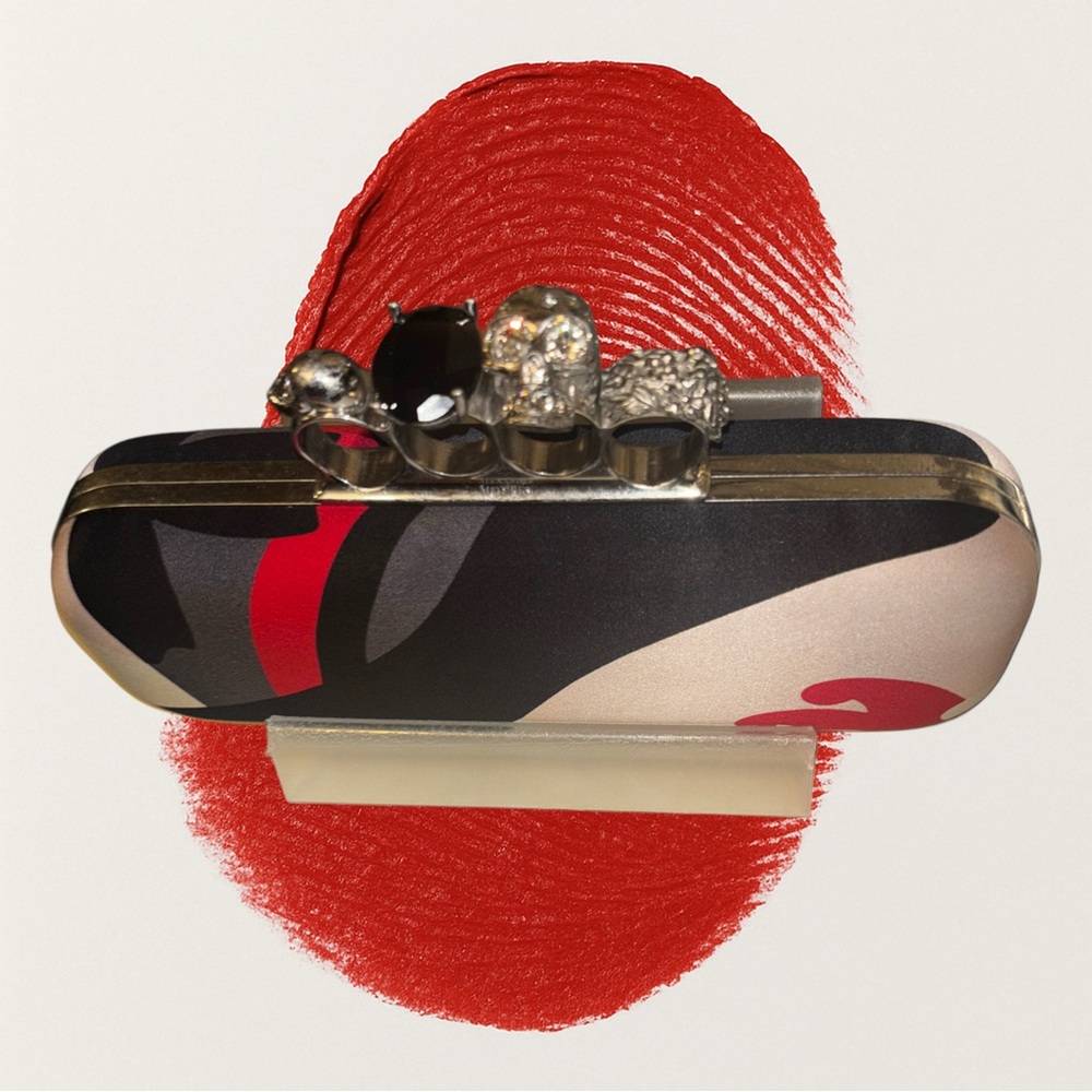 Alexander McQueen Black and Red Graphic Knuckle Skull Clutch